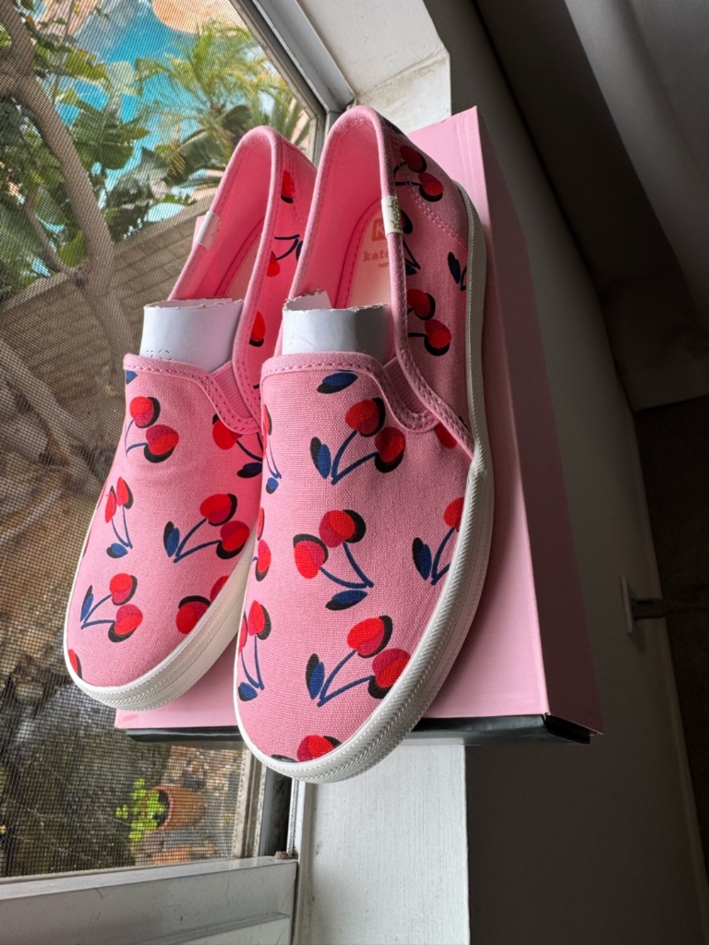 kate spade pink cherry canvas slip-ons with navy accents